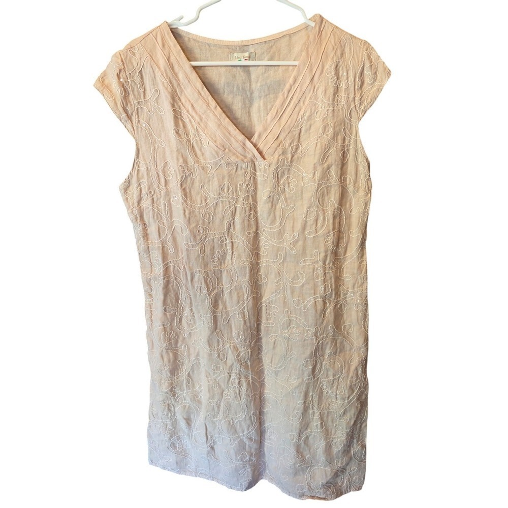 Lina Tomei Italian Linen Dress L Womens Embroidered Sequin Design Light‎ Pink